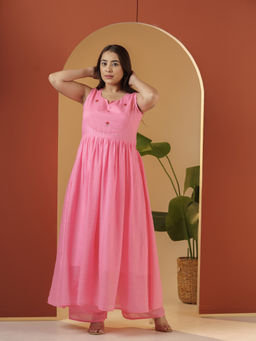 Meeshara - Pink Cotton Round Neck Hand Embroidery Solid Anarkali Kurta with Palazzo