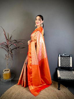 Elora - Orange Silk Zari Woven Handloom Saree with Unstitched Blouse