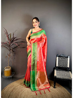 Elora - Red Silk Tassels Woven Handloom Saree with Unstitched Blouse