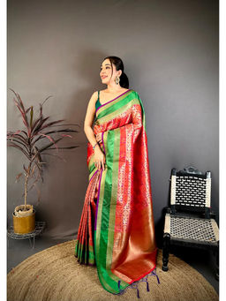 Elora - Red Silk Tassels Woven Handloom Saree with Unstitched Blouse