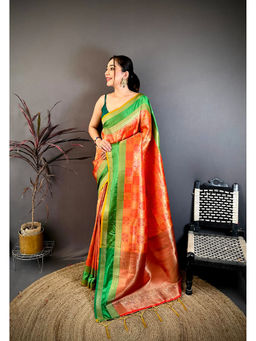 Elora - Red Silk Tassels Woven Handloom Saree with Unstitched Blouse