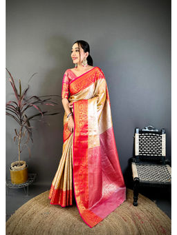 Elora - Gold Silk Zari Floral Handloom Saree with Unstitched Blouse