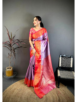 Elora - Purple Silk Zari Floral Handloom Saree with Unstitched Blouse
