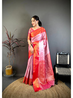 Elora - Pink Silk Zari Floral Handloom Saree with Unstitched Blouse
