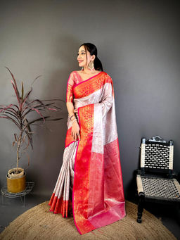 Elora - Off White Silk Zari Floral Handloom Saree with Unstitched Blouse