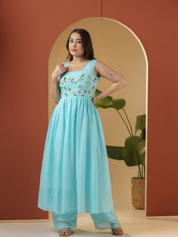 Meeshara - Blue Cotton Square Neck Hand Embroidery Solid Anarkali Kurta with Palazzo