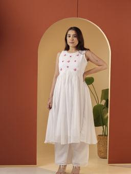 Meeshara - White Cotton Round Neck Hand Embroidery Solid Anarkali Kurta with Palazzo