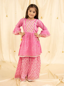 Mini Stitch - Bell Sleeves Print and Embroidered Kurta & Garara - Baby Pink (Set of 2)