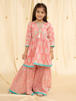 Mini Stitch - Three Fourth Sleeves Block Print Kurta & Garara - Pink (Set of 2)