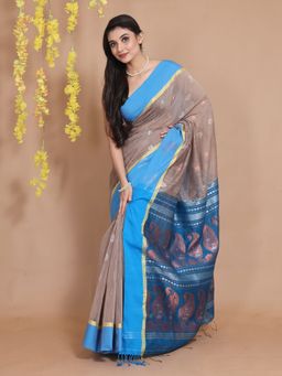 CHARUKRITI - Beige Cotton Handspun Ethnic Motifs & Paisley Designs Saree with Unstitched Blouse