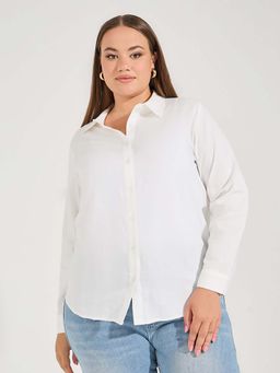 Styli - Women Plus Solid Cotton Dobby Cuffed Sleeve Button Down Shirt