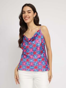 FableStreet - Satin Cowl Neck Pink and Blue Top