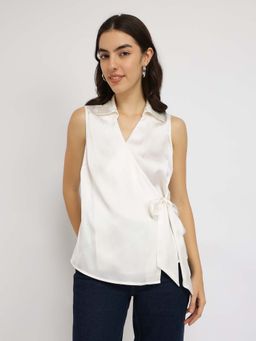 FableStreet - Off White Satin Floral Wrap Top