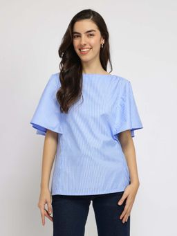 FableStreet - Blue Cotton Blend Striped Top