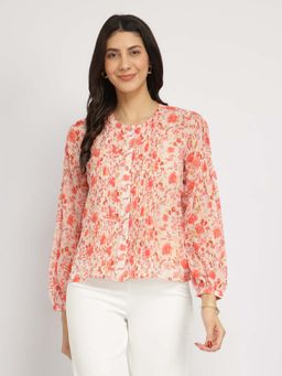 FableStreet - Orange Floral Gathered Sleeves Top