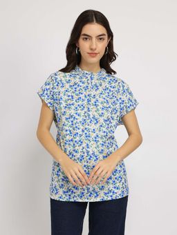 FableStreet - Blue Floral Drop Shoulder Top
