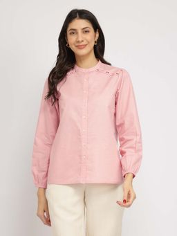 FableStreet - Pink Cotton Blend Mandarin Neck Top