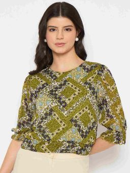 Madame - Printed Cinch Waist Green Top