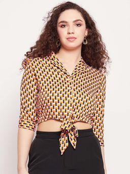 Madame - Waist Tie-Up Geometric Print Crop Shirt