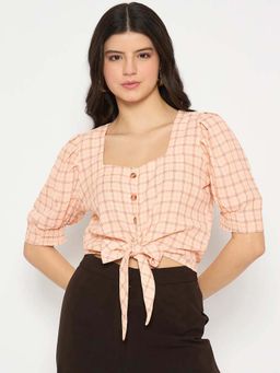 Madame - Chequered Knotted Front Pink Crop Top