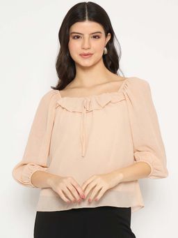 Madame - Ruffle Detailed Square Neck Beige Top