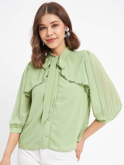 Madame - Green Tie-Up Neck Shirt Style Top