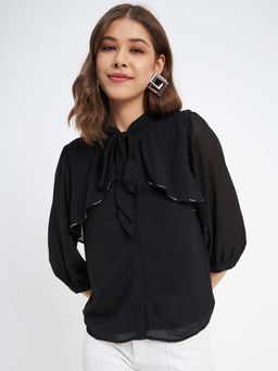 Madame - Black Tie-Up Neck Layered Shirt Style Top