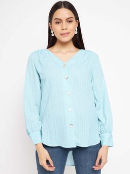 Madame - Blue Print Cuffed Sleeves Shirt Style Longline Top