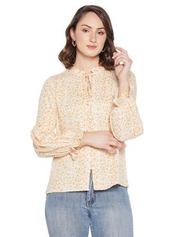 Madame - Orange Floral Print Tie-Up Neck Puff Sleeve Ruffles Cotton Top