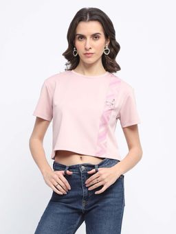 Madame - Printed Dusty Pink Cotton Crop T-Shirt