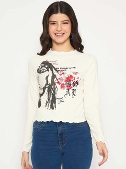 Madame - Printed Raglan Sleeve Off White T-Shirt