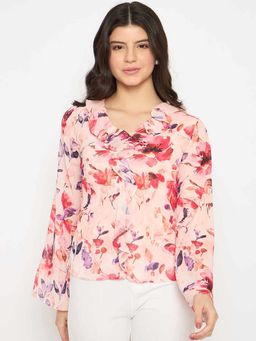 Madame - Floral Print Peach Ruffle Cotton Top