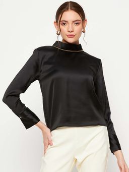 Madame - Black High Neck Cuffed Sleeves Tie-Up Detailed Top