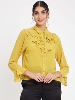 Madame - Yellow Tie Up Neck Shirt Style Top