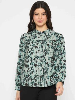 Madame - Button Detailed Printed Green Chambray Top