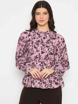 Madame - Button Detailed Printed Mauve Chambray Top
