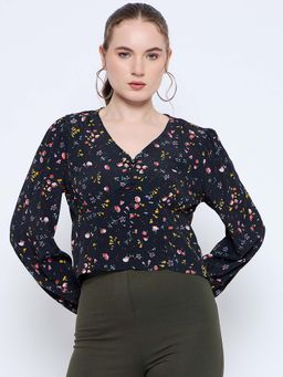 Madame - Floral Print V-Neck Black Top