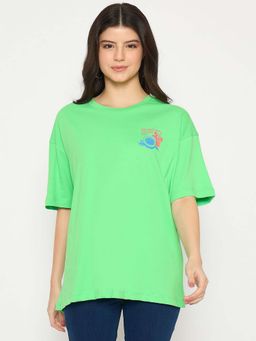 Madame - Solid Round Neck Green Cotton T-Shirt