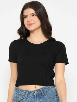 Madame - Ribbed Solid Black Knitted Crop Top