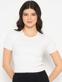 Madame - Ribbed Solid White Knitted Crop Top