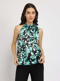 FableStreet - Black Satin Halter Neck Top