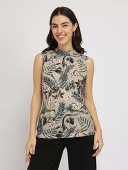 FableStreet - Beige Floral High Neck Top