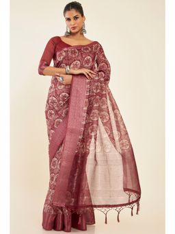 Soch - Women Maroon Chanderi Printed Saree with Unstitched Blouse