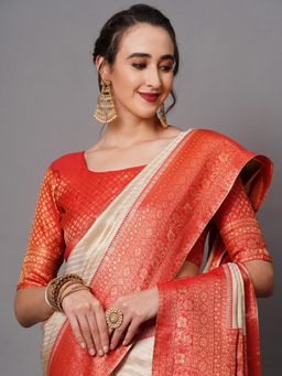 Sareemall - Off White Festive Silk Blend Woven Design Saree with Unstitched