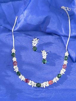 Niscka - Silver Plated Flower Red and Green Ad Jewellery Set