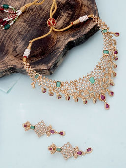 Niscka - 24K Gold-Plated Pink and Emerald Cz Stones Jewellery Set