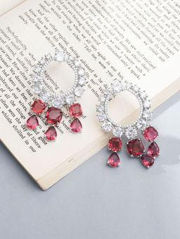 Niscka - Rhodium Plated Circular Ruby American Diamond Earrings