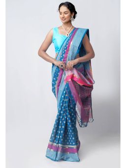 Unnati Silks - Blue Pure Pavani Mangalgiri Cotton Saree with Unstitched Blouse