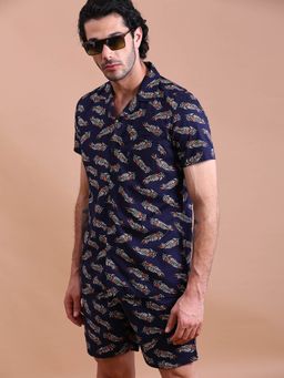The Bear House - Men Navy Blue & White Printed Pure Cotton Co-ord Navy Blue (Set of 2)