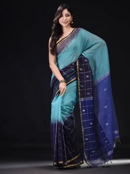 Beatitude - Blue Blended Cotton Woven Saree with Unstitched Blouse